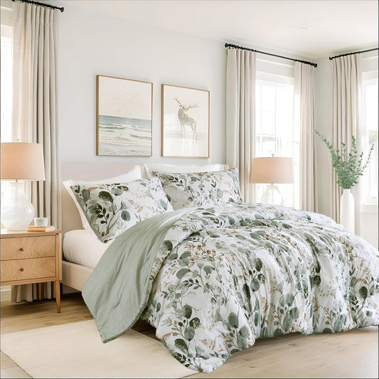 Lightweight Seersucker Botanical Comforter Set Queen Size, 3 Pieces Reversible Design with Striped Print, Premium Microfiber Bedding Set, Comforter and Sham Set, Green