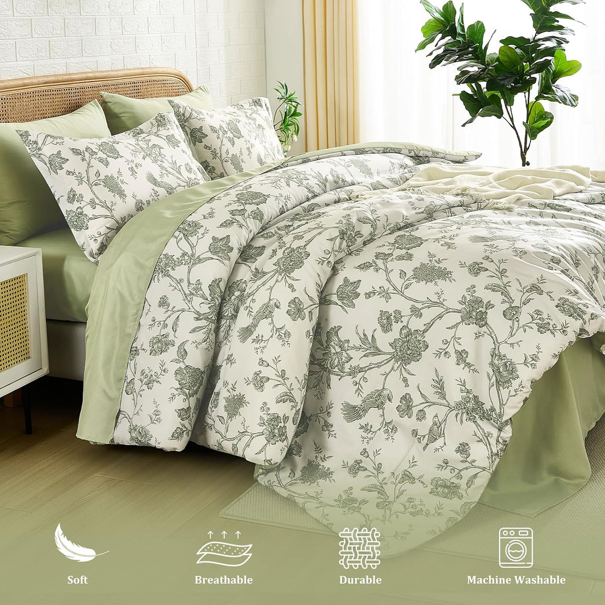 Luxudecor Sage Green Floral Queen Comforter Set, 7 Pieces Bed in a Bag