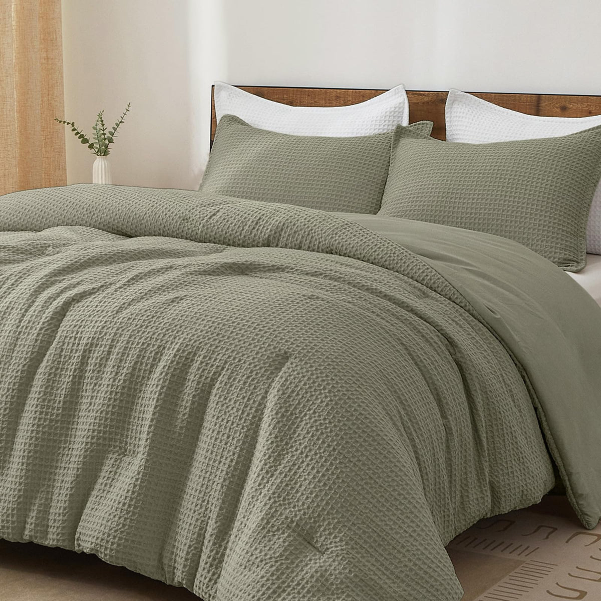 PHF Ultra Soft Waffle Comforter Set 3 Pieces Queen, Linen
