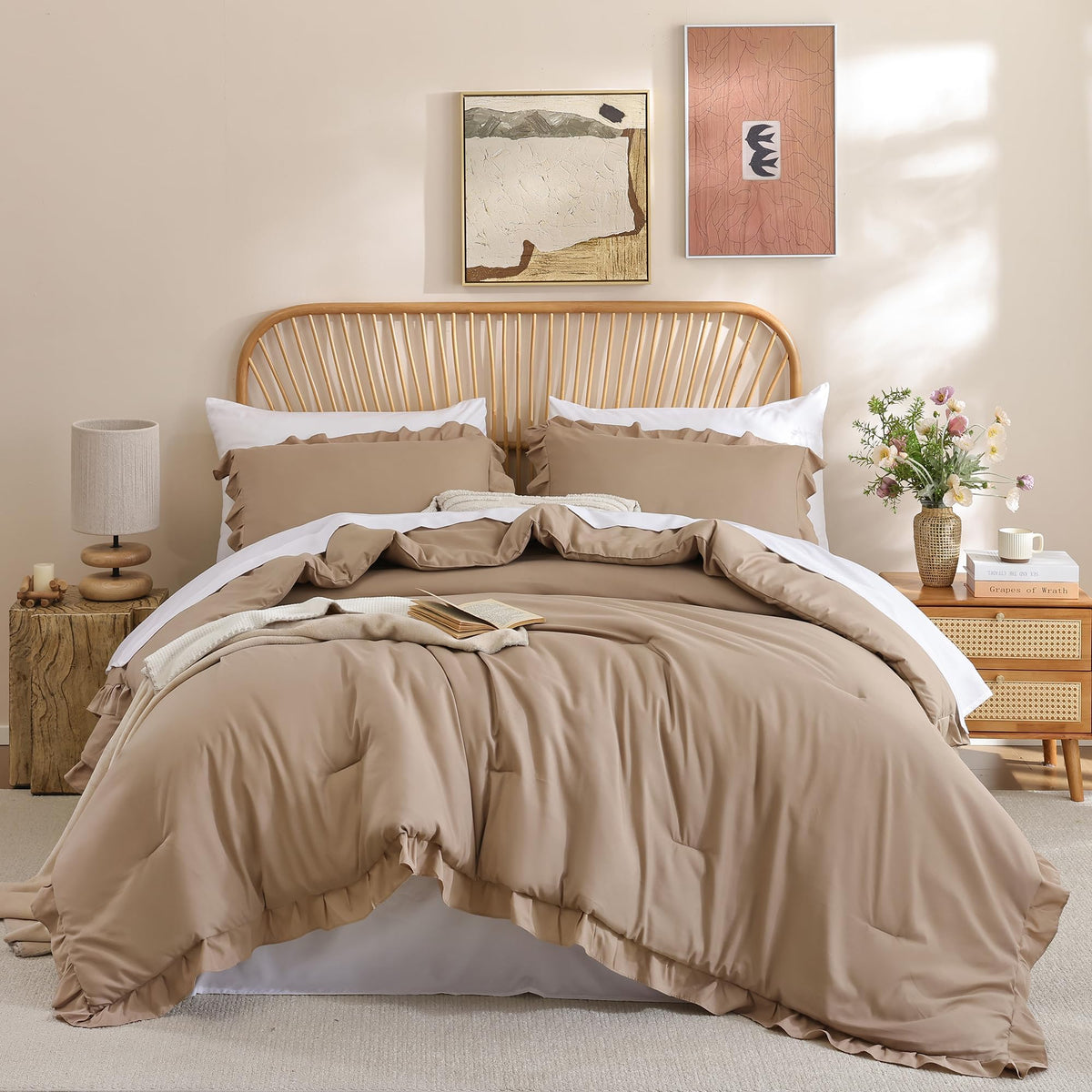 JANZAA Blush Pink Comforter Set Queen, Ruffle Soft Bedding
