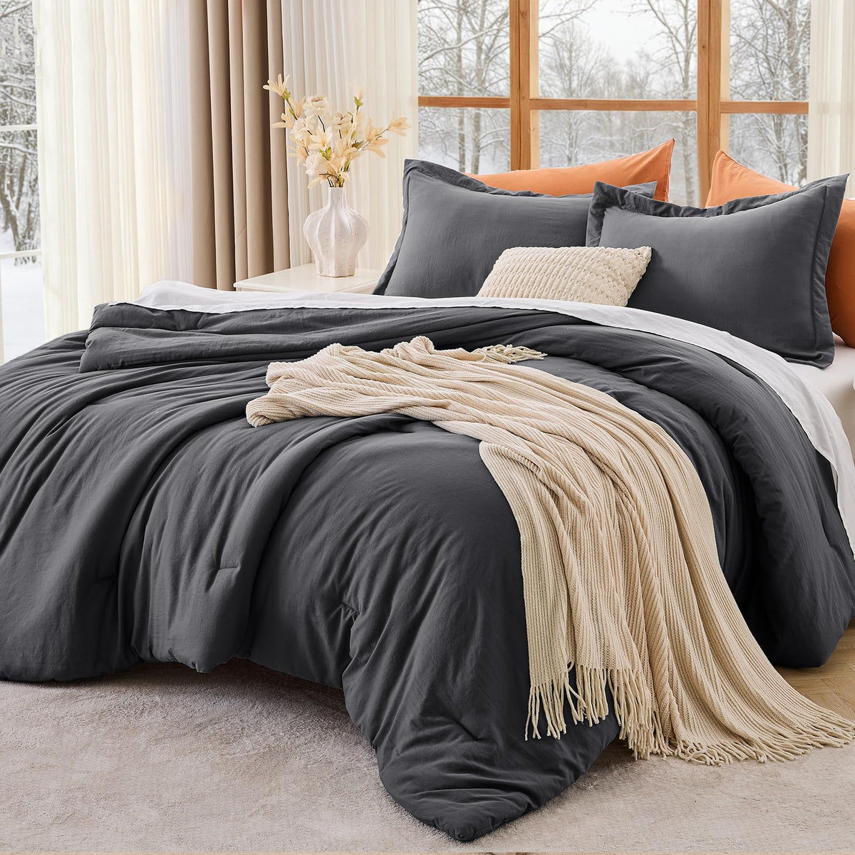 MUXHOMO Queen Size Comforter Set Beige, 3 Piece Solid Bedding for All Seasons, Warm Down Alternative Bed Set Includes 1 Lightweight Comforter (90"x90") and 2 Pillowshams (20"x26")