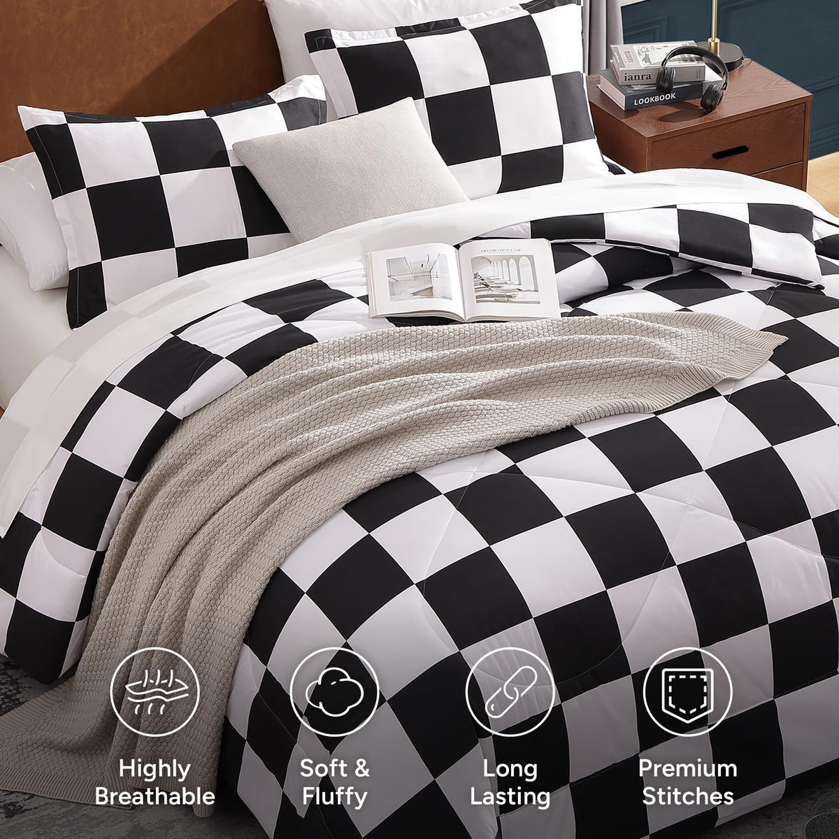 Andency Checkered Comforter Full, Black and White Gingham Plaid Bedding Set