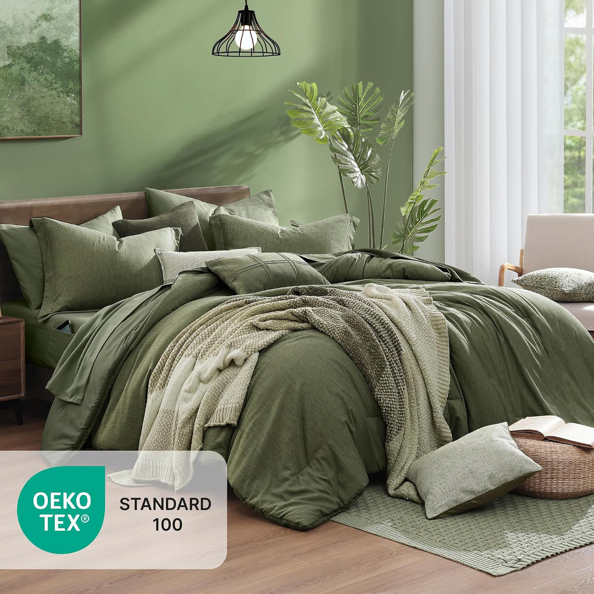Monbix Queen Comforter Set 7 Pieces Cationic Green Bed in a Bag