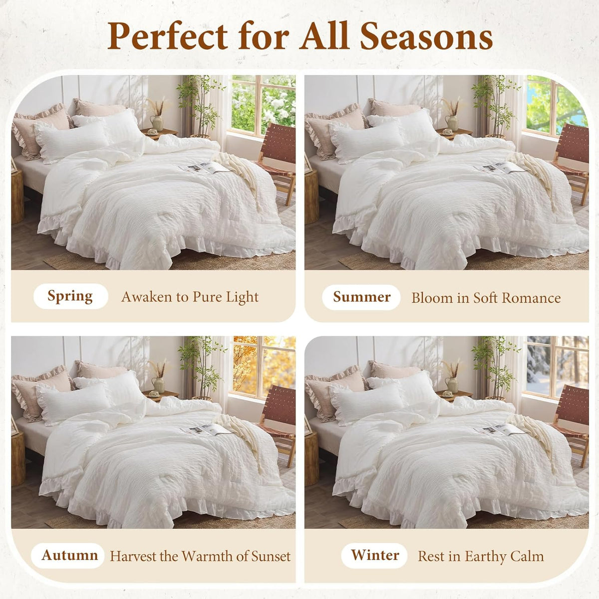 JOLLYVOGUE White Comforters Queen Size, 3 Pieces Ruffle Seersucker Queen Comforter Set for All Season, Lightweight Soft Shabby Chic Bedding Sets for Women（1 Comforter, 2 Pillowshams）