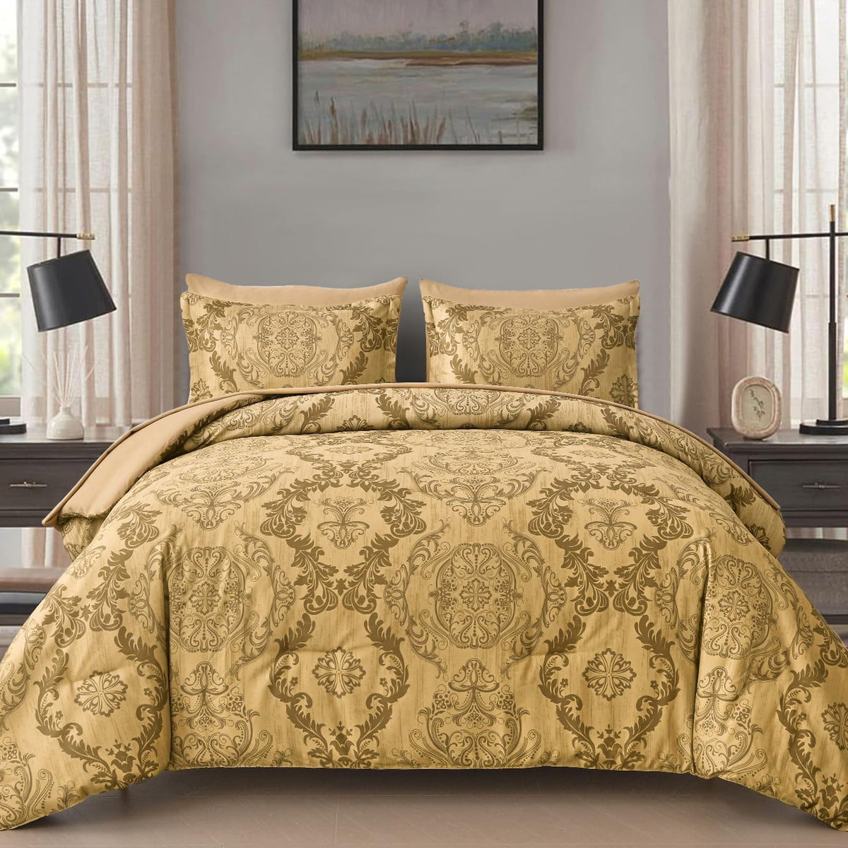WONGS BEDDING Black Comforter Set King Size, Gold Damask Texture 7 Pieces Bed in a Bag Microfiber Comforter Bedding Sets -1 Comforter, 1 Flat Sheet, 1 Fitted Sheet, 2 Pillow Shams, 2 Pillowcases