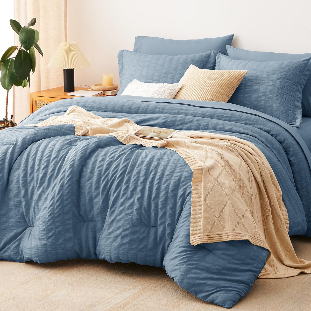CozyLux Queen Comforter Set, 7 Pieces White Seersucker Bed in a Bag