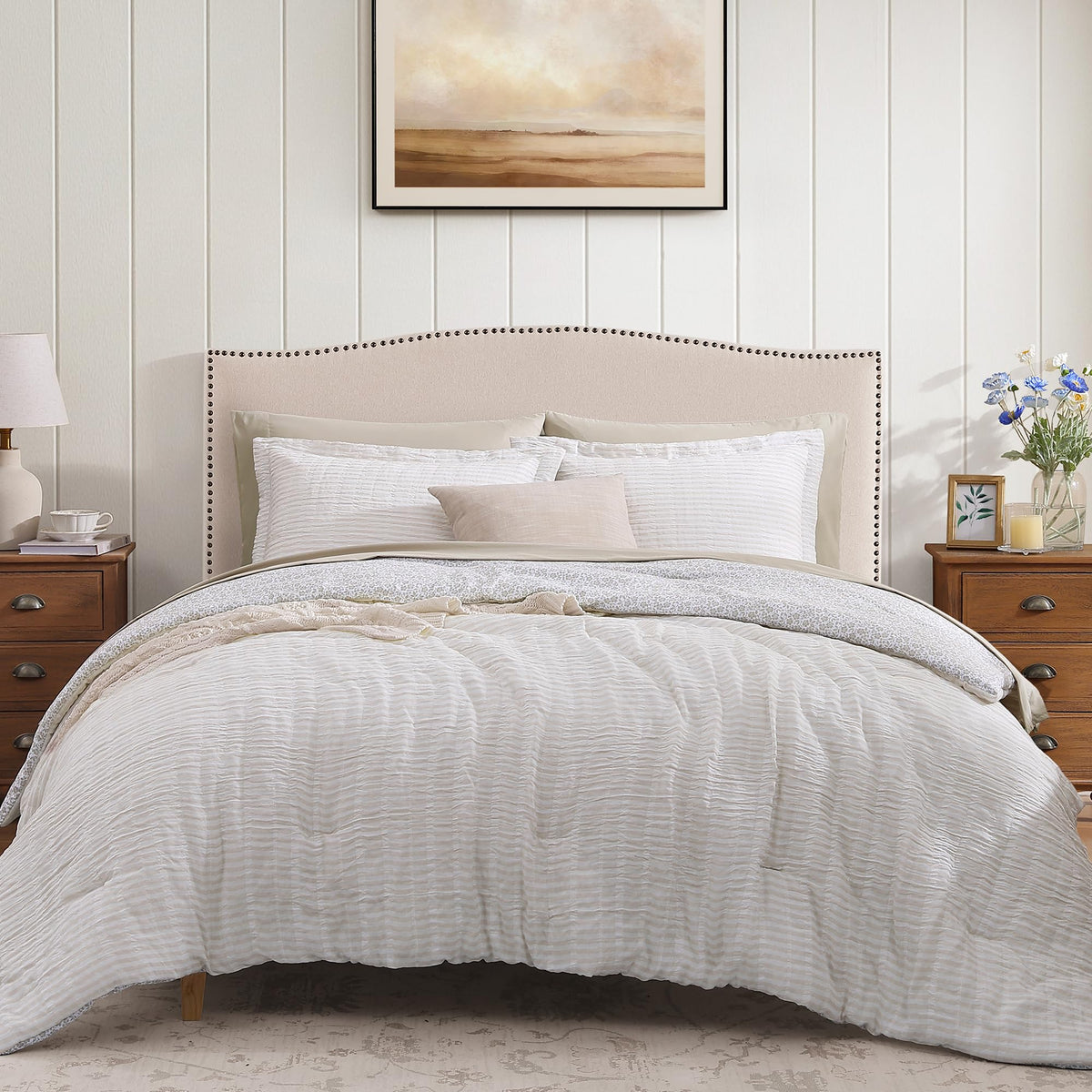 BLOOMHAVEN Queen Comforter Set-7 Pieces Green Plaid Floral Bedding Set