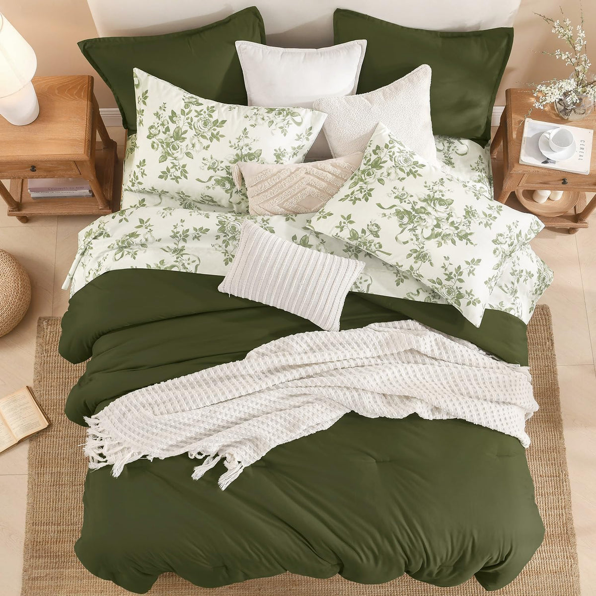 Litanika Floral Queen Comforter Set, 7 Peices Olive Green Bed in a Bag