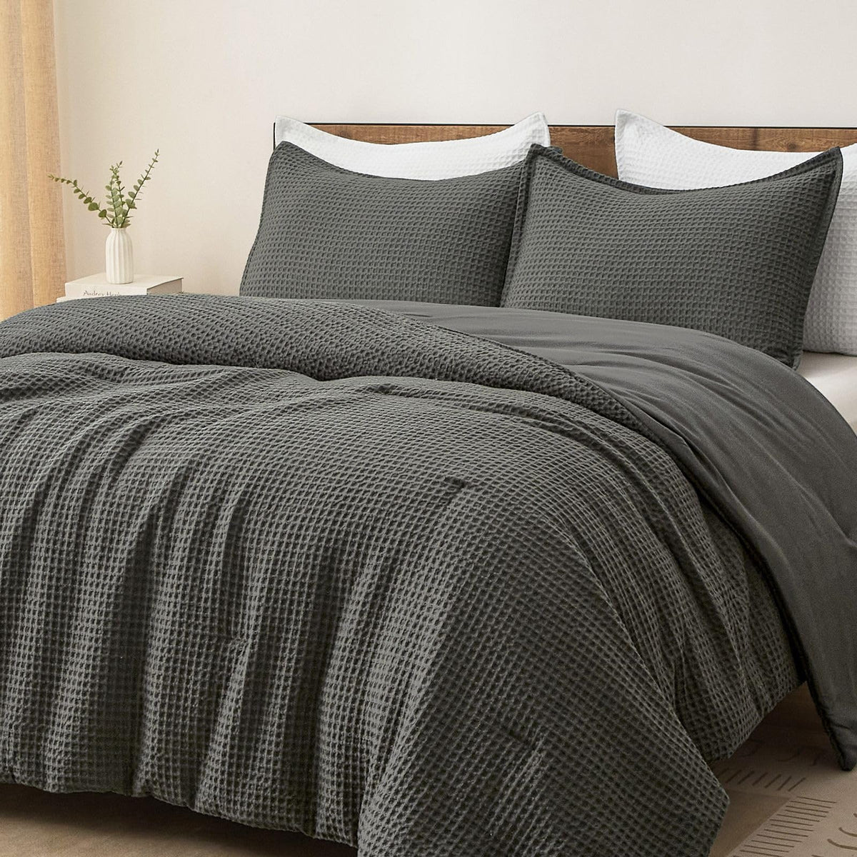 PHF Ultra Soft Waffle Comforter Set 3 Pieces Queen, Linen