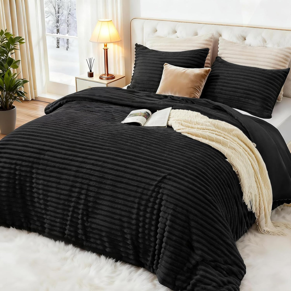 EXQ Home Fluffy Comforter Set Queen Size,3 Pieces Bed Set,Black