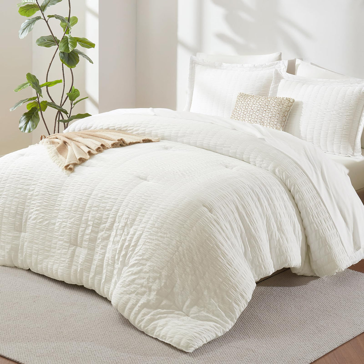 CozyLux Queen Comforter Set, 7 Pieces White Seersucker Bed in a Bag