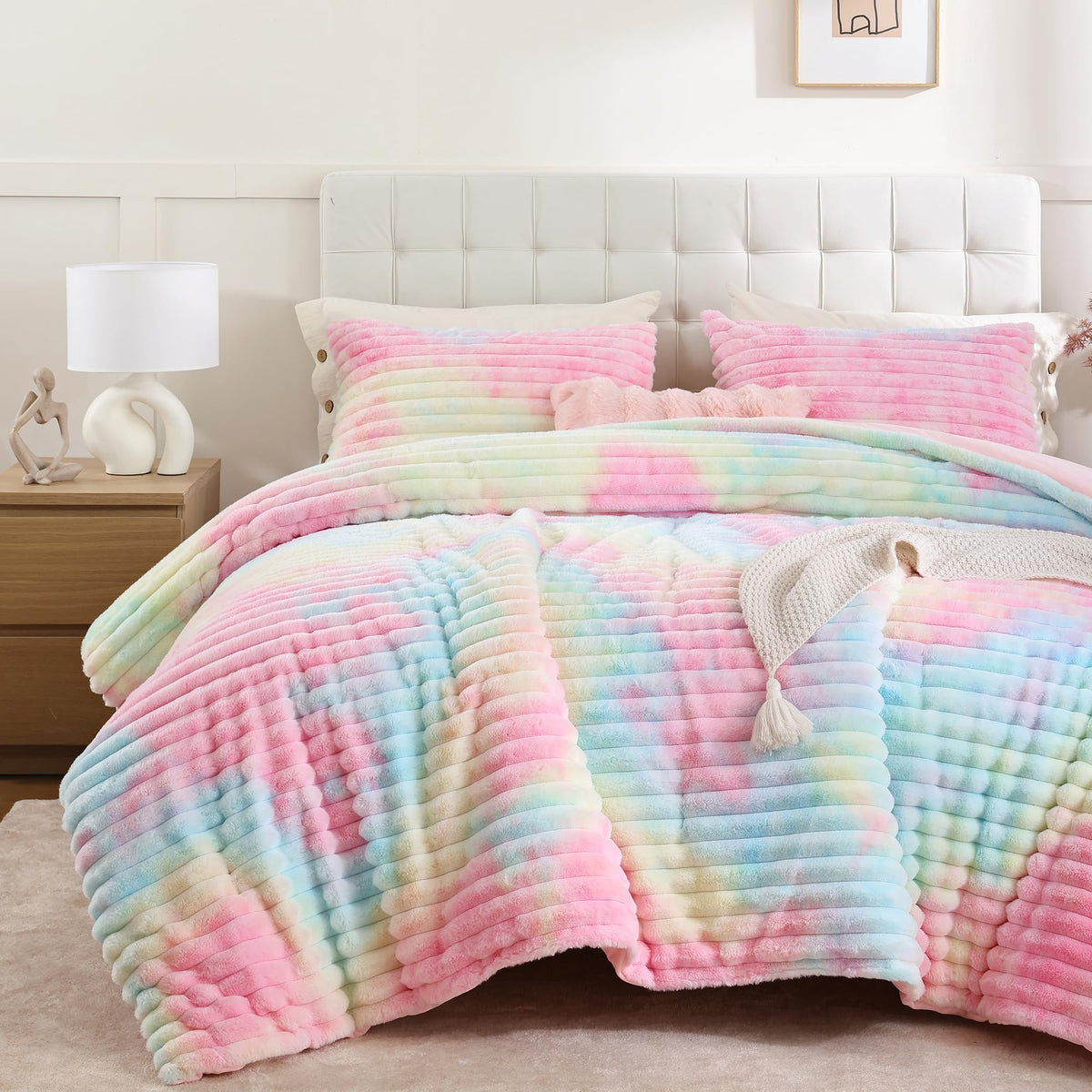 Smoofy Fluffy Queen Size Comforter 3 PCS - Tie Dye Grey Fleece Bedding Set