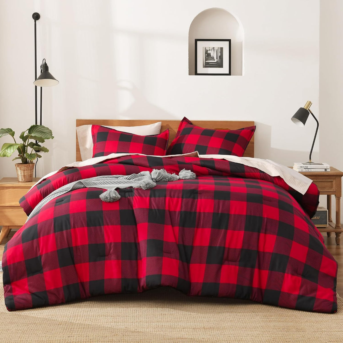 Andency Checkered Comforter Full, Black and White Gingham Plaid Bedding Set