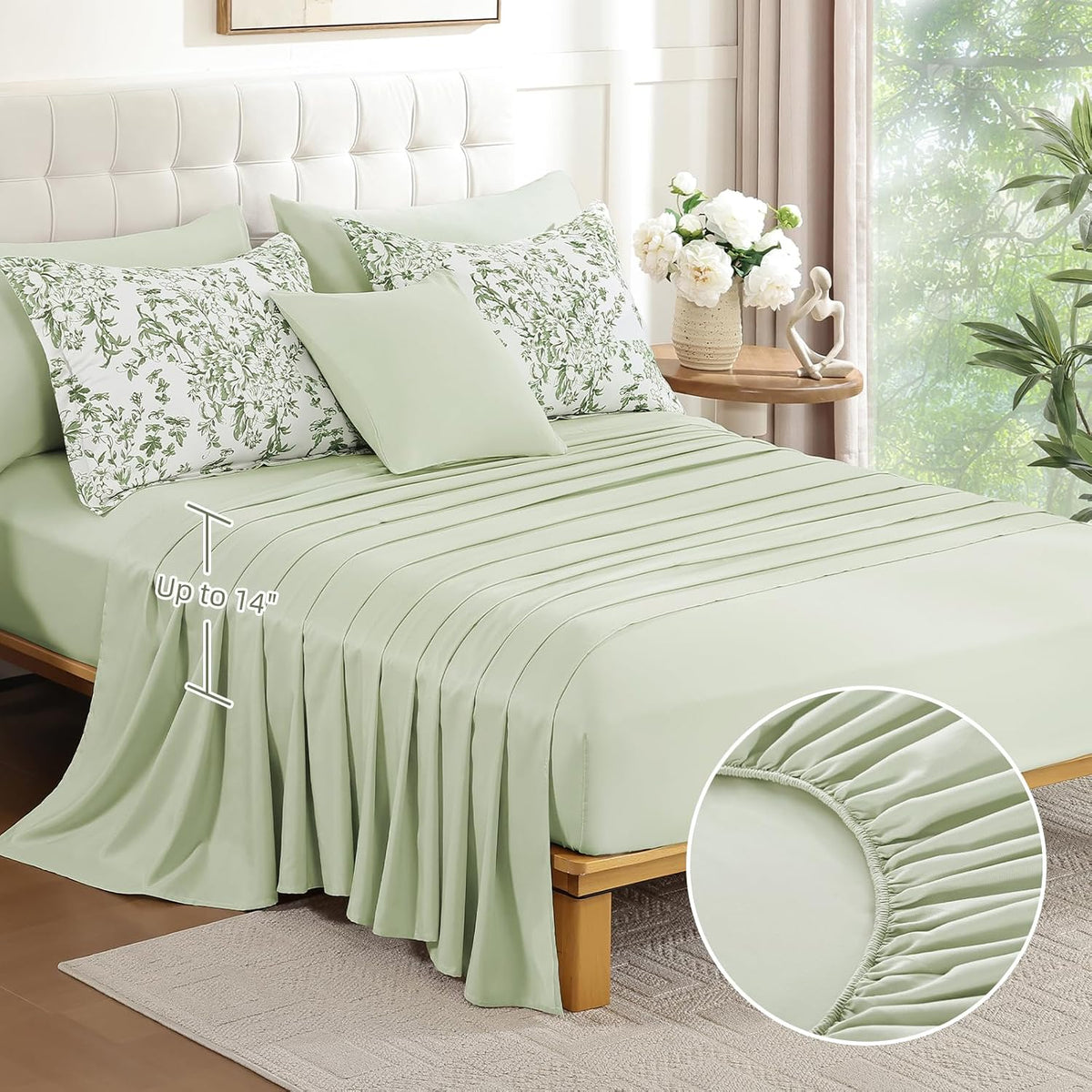 WONGS BEDDING 8 Pieces King Size Comforter Set Green,Sage Green Floral Bed in a Bag Comforter Sets, Soft Reversible Botanical Flowers Bedding Sets for All Season (90"x104")
