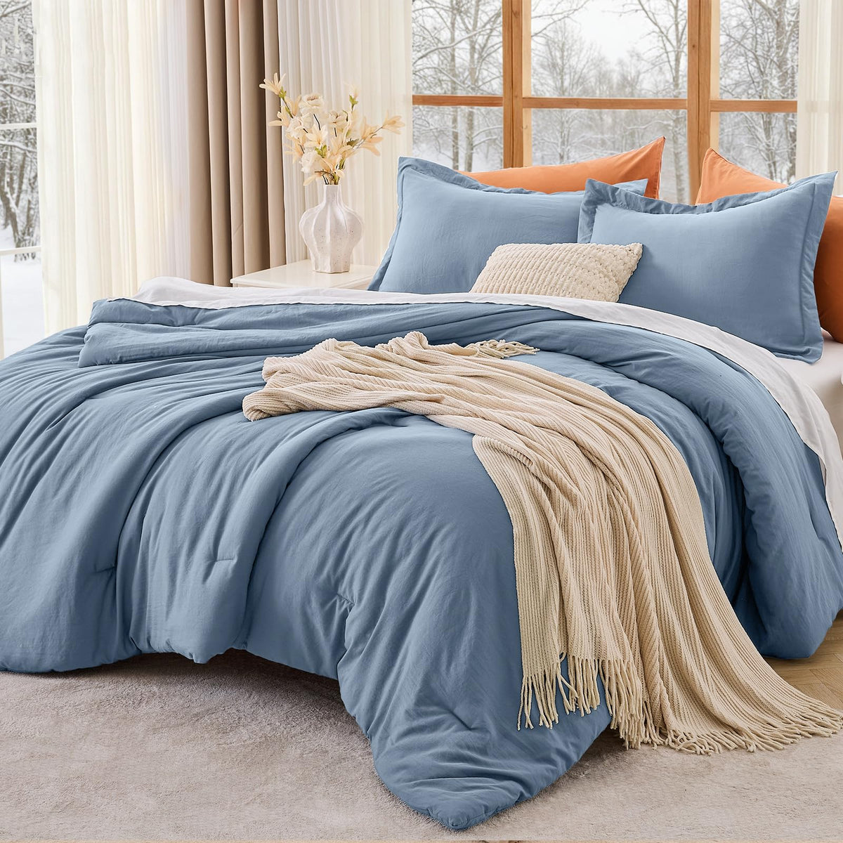 MUXHOMO Queen Size Comforter Set Beige, 3 Piece Solid Bedding for All Seasons, Warm Down Alternative Bed Set Includes 1 Lightweight Comforter (90"x90") and 2 Pillowshams (20"x26")