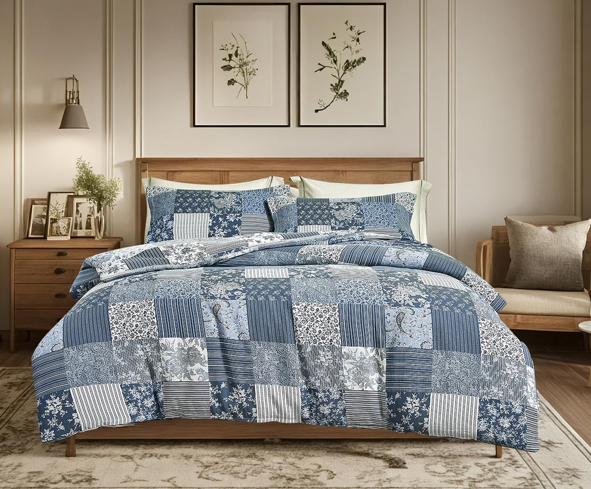 SLEEPBELLA Comforter Queen Size, 600 Thread Count Cotton Brown Branches and Blue Flowers Off-White Comforter Sets, Down Alternative Bedding Set 3Pcs(Queen, Off-White Botanical)
