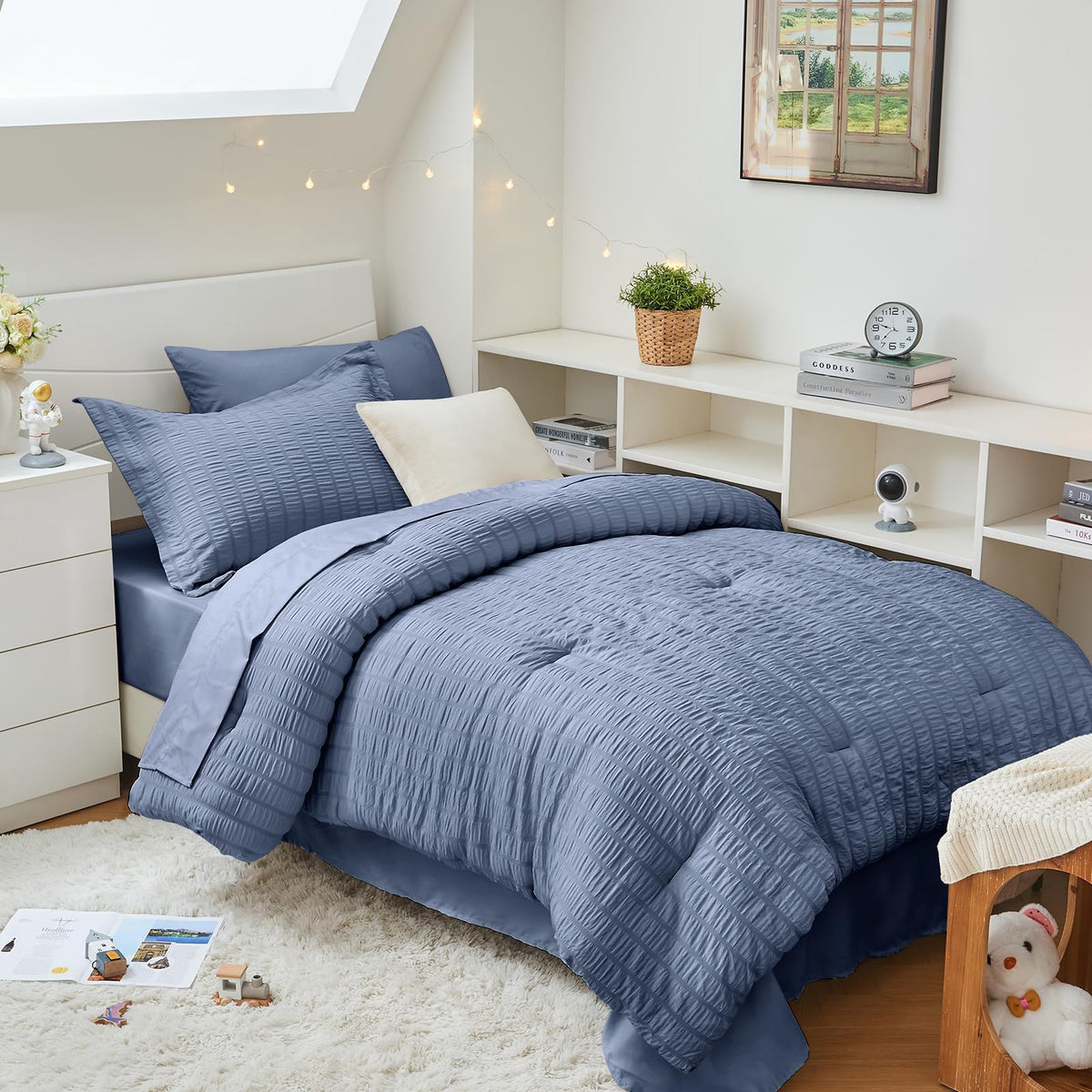 HYMOKEGE Queen Comforter Set Seersucker 7 Pieces, All Season Luxury Bed in a Bag for Bedroom, Bedding Set with Comforters, Sheets, Pillowcases & Shams, Dark Grey