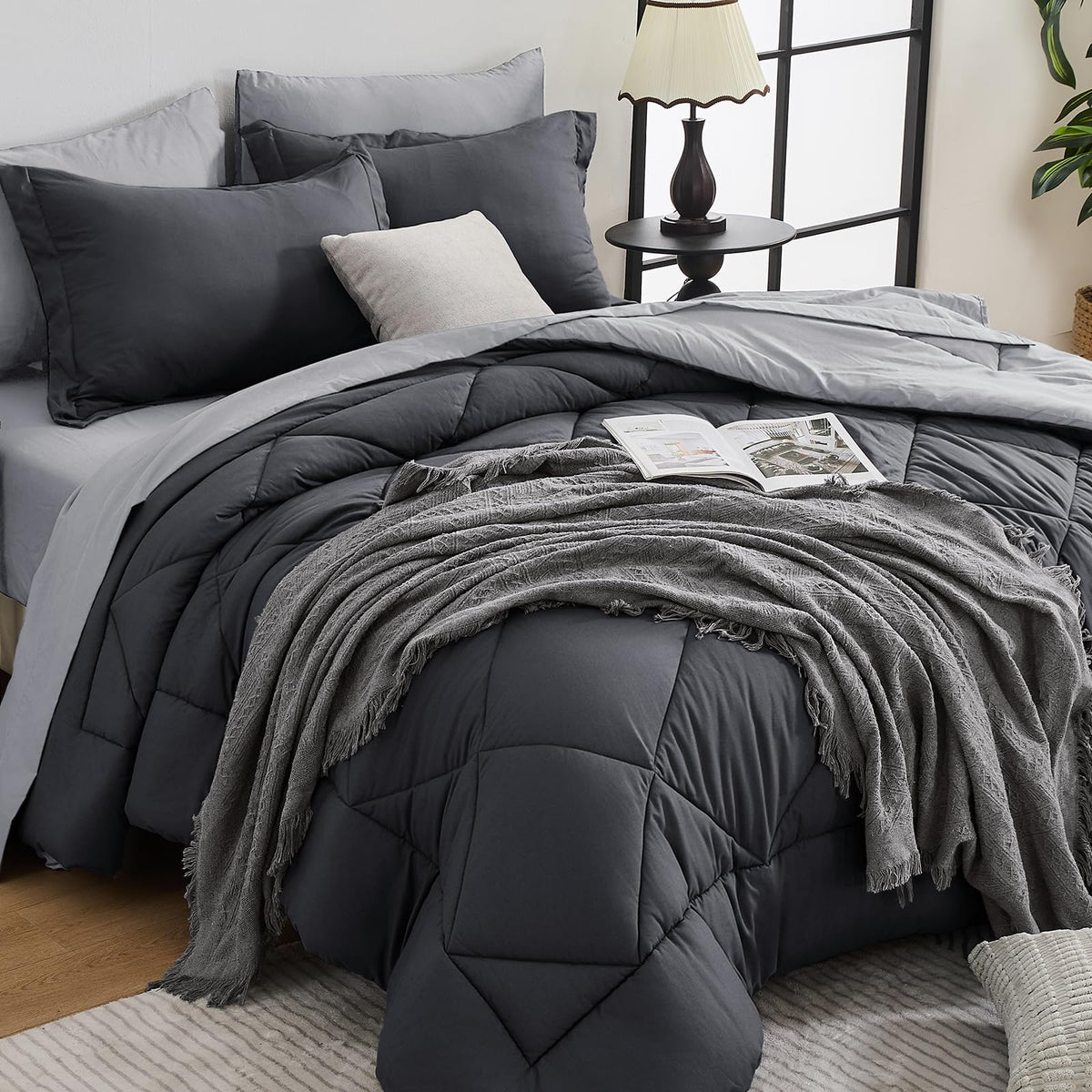 HEVUMYI 7-Piece Queen Comforter Set, Dark Grey Bed in a Bag