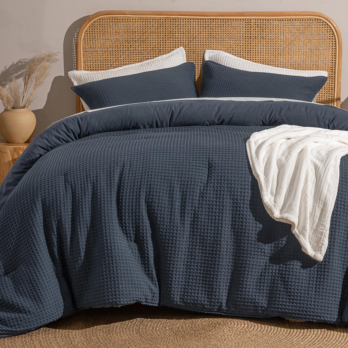 David's Home Textured Summer Waffle Weave Comforter Set, Queen, Linen