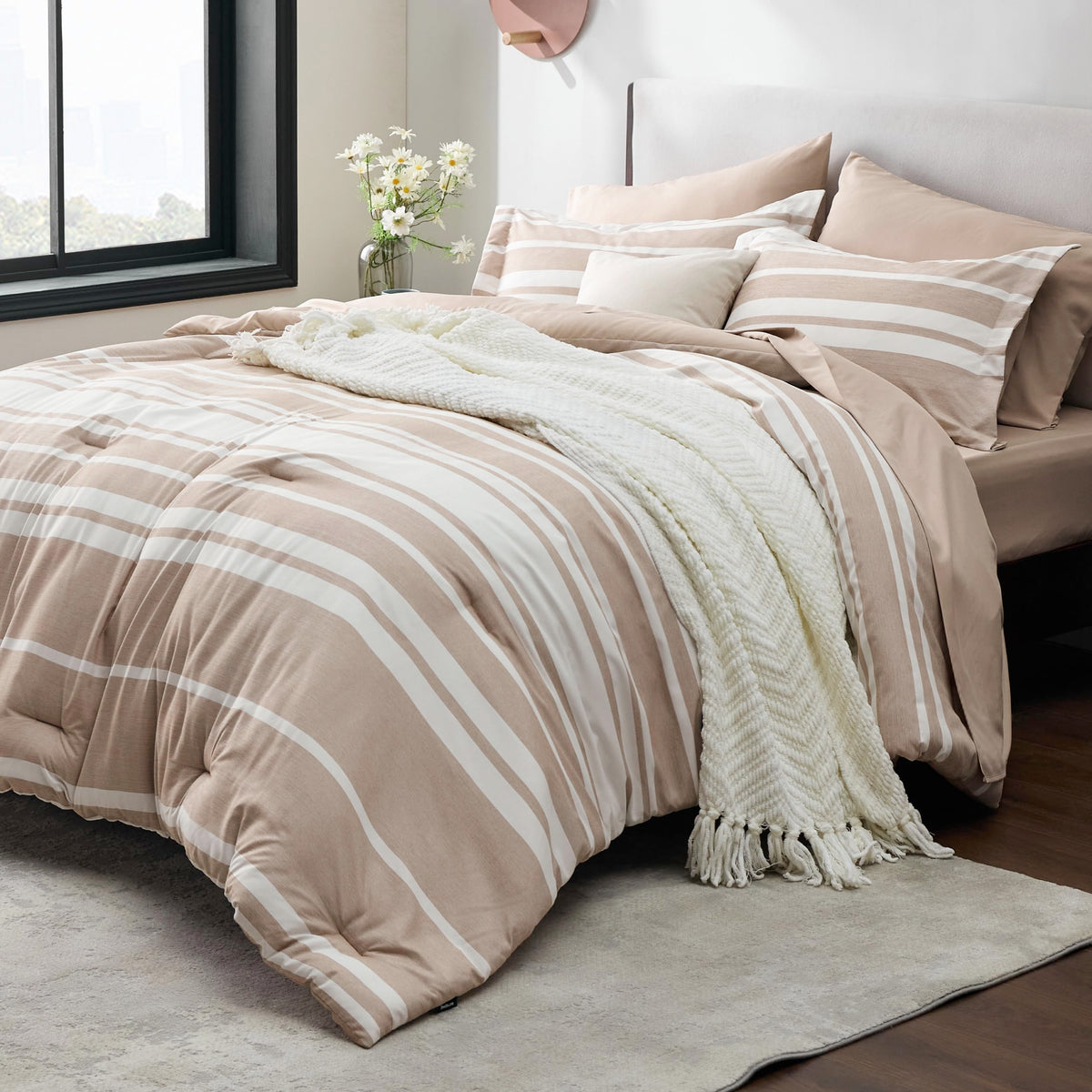 Bedsure Queen Comforter Set, Blue Striped Bedding Set, 7 Piece