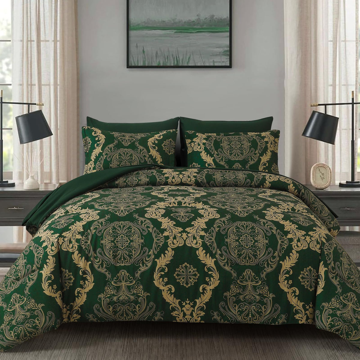 WONGS BEDDING Black Comforter Set King Size, Gold Damask Texture 7 Pieces Bed in a Bag Microfiber Comforter Bedding Sets -1 Comforter, 1 Flat Sheet, 1 Fitted Sheet, 2 Pillow Shams, 2 Pillowcases