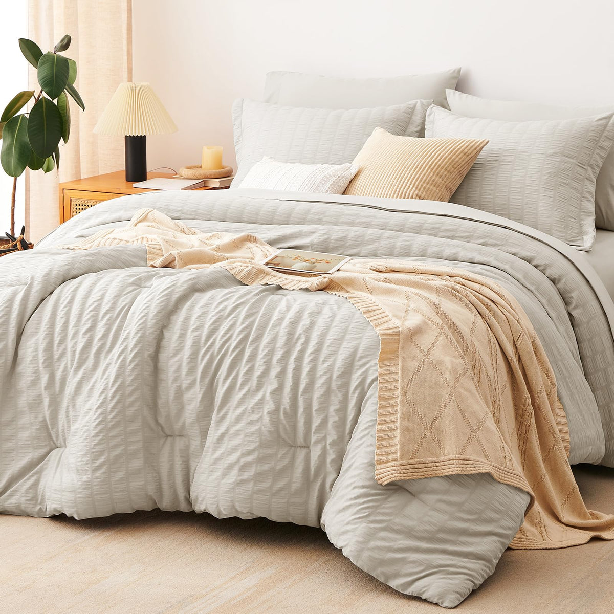 CozyLux Queen Comforter Set, 7 Pieces White Seersucker Bed in a Bag
