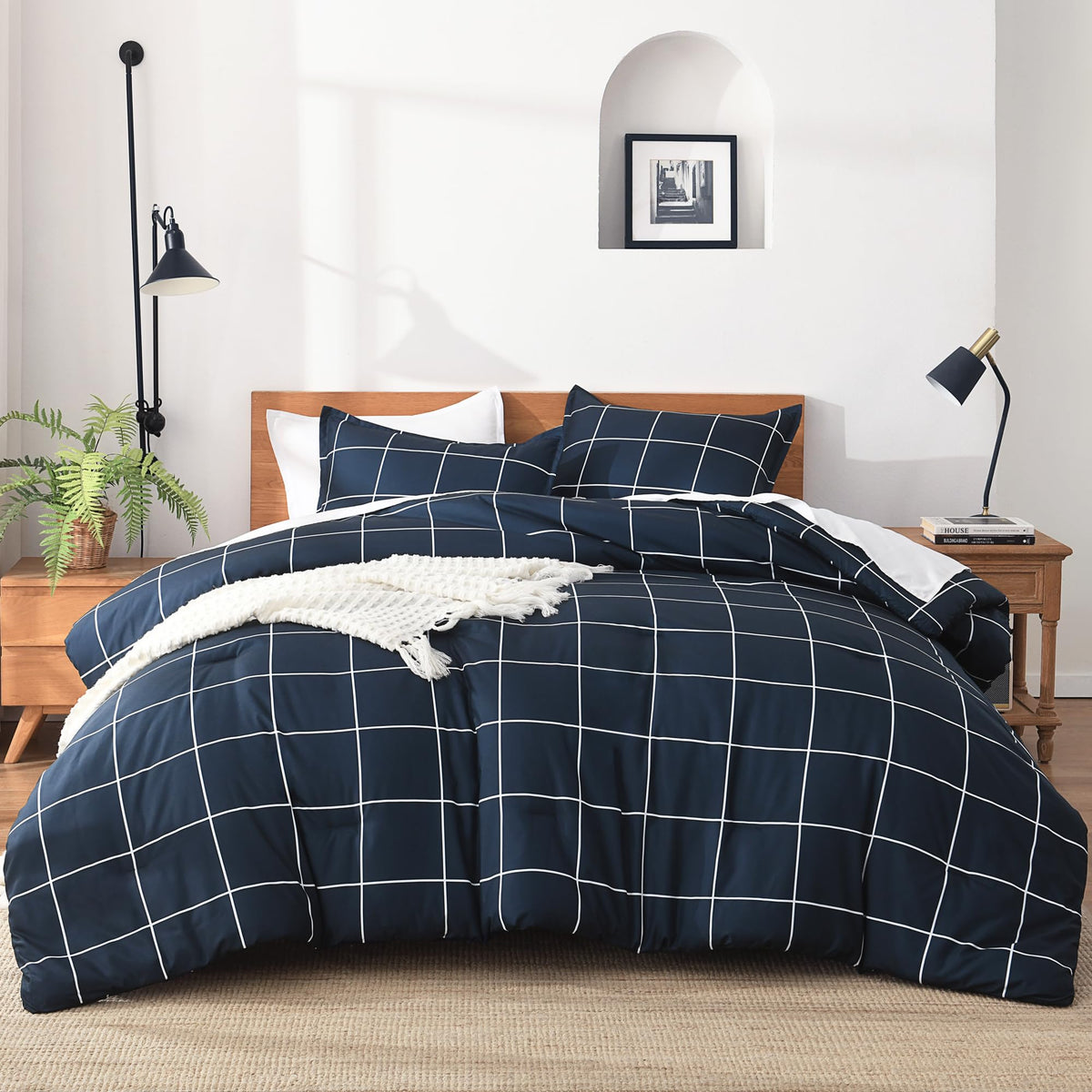 Andency Checkered Comforter Full, Black and White Gingham Plaid Bedding Set