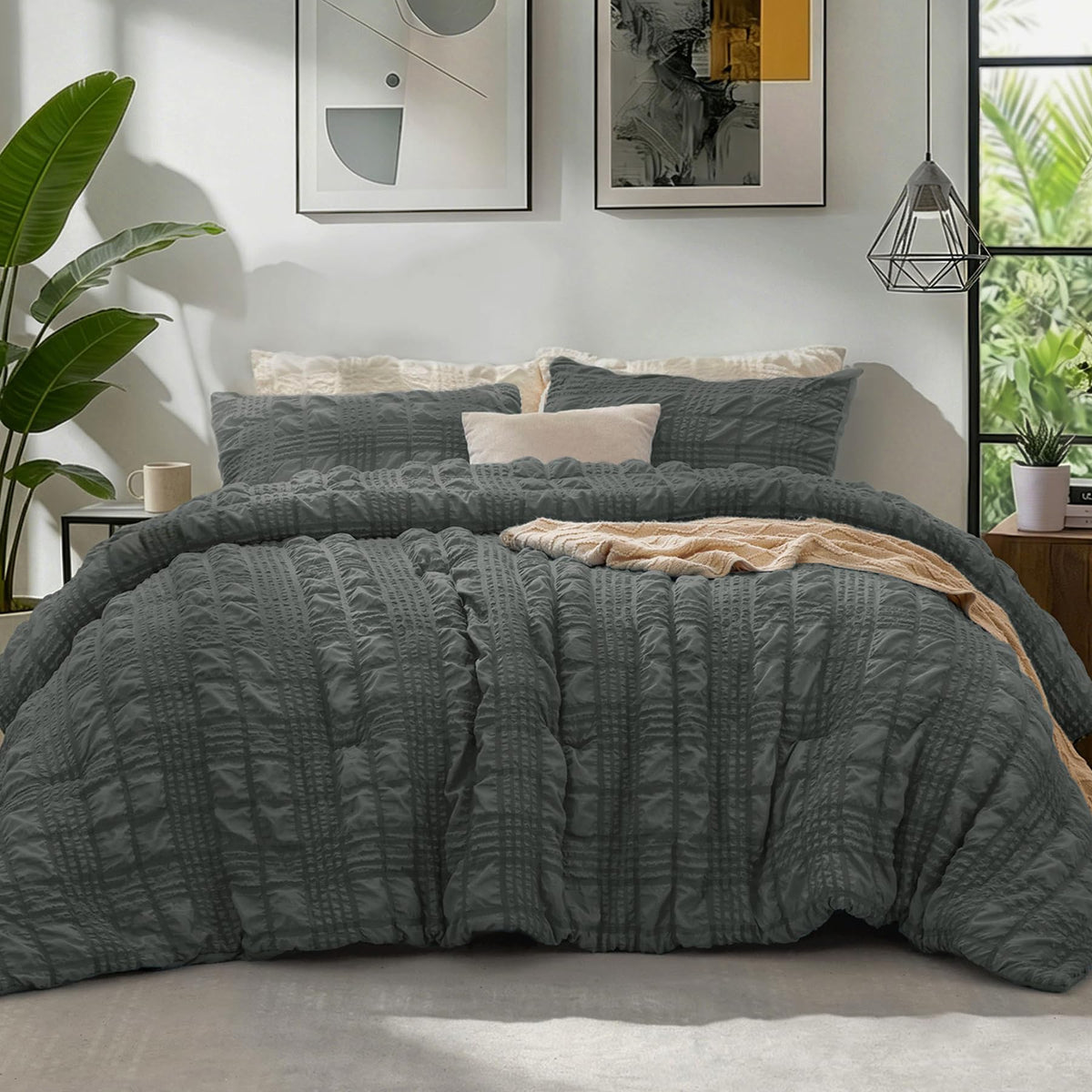 BEDELITE Queen Comforter Set, Seersucker Bedding Set 3 Pieces, Cream