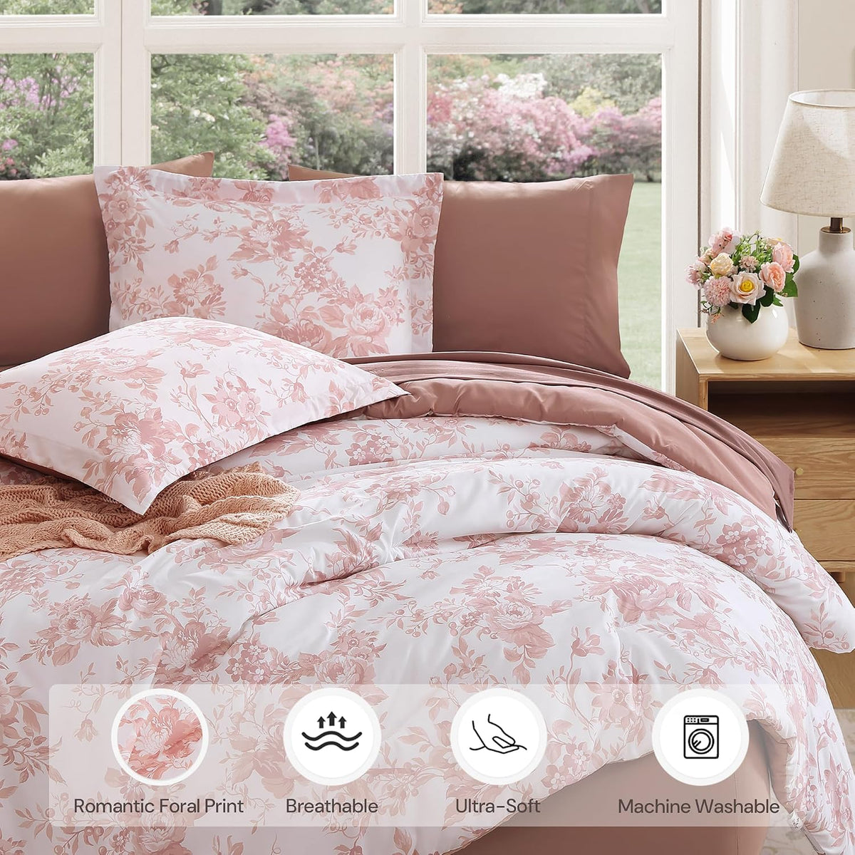 BLOOMHAVEN Full Size Comforter Sets-7 Pieces Rose Floral Bed in a Bag