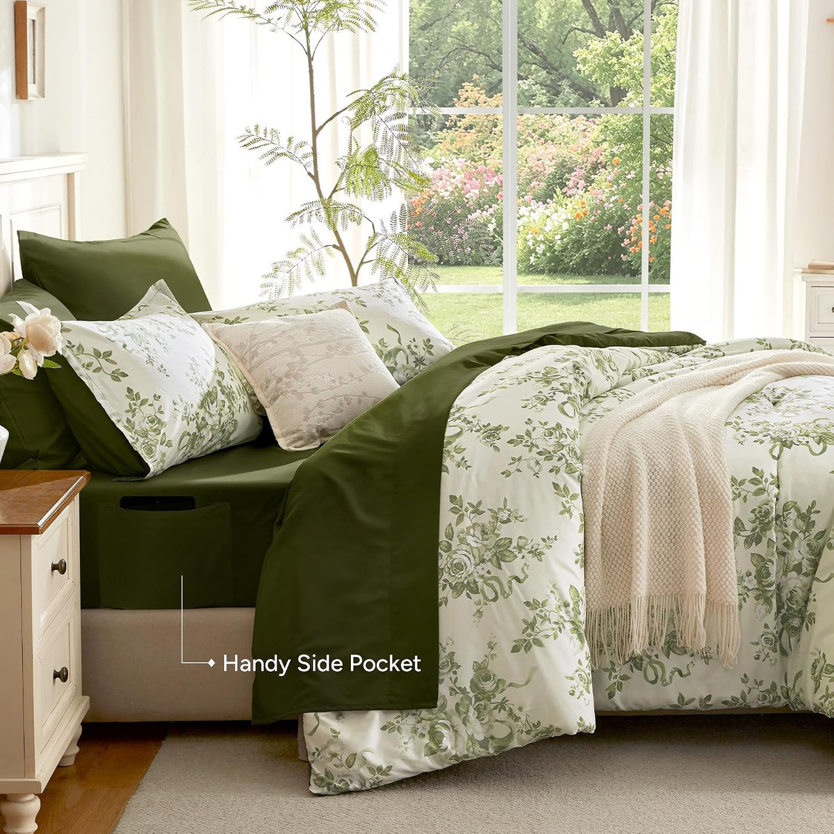Andency Floral Comforter Queen Set, 7 Pieces Green Rose Flower Bedding Set