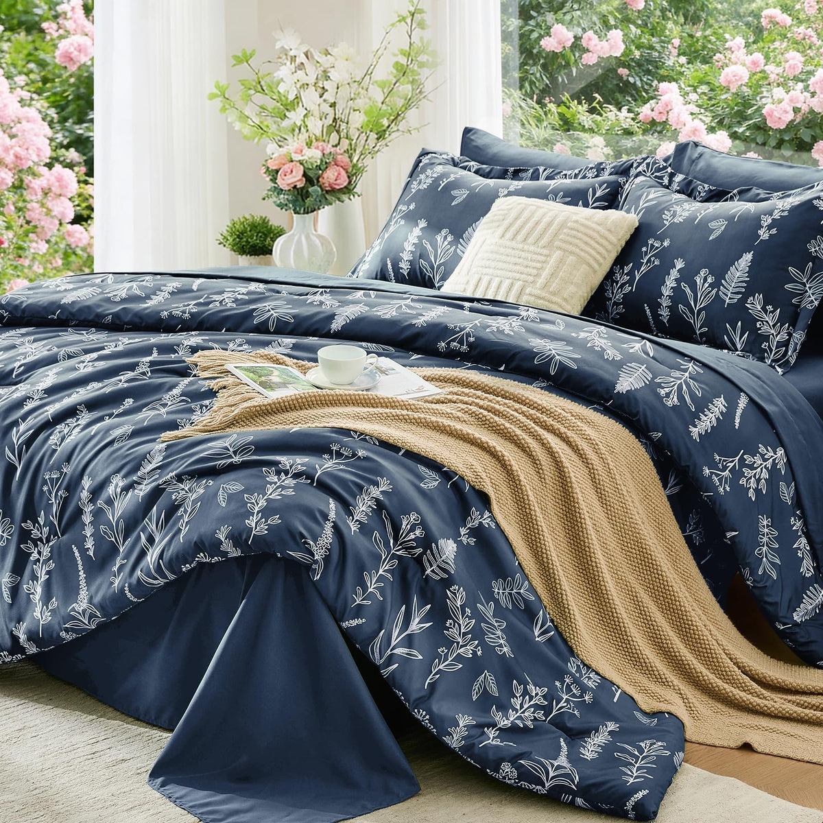 MUXHOMO Queen Comforter Set 7 Pieces, Sage Green Bed in a Bag Queen Reversible Botanical Flowers Design, Ultra Soft & Breathable Bedding Sets with Comforter, Sheets, Pillowcases & Shams