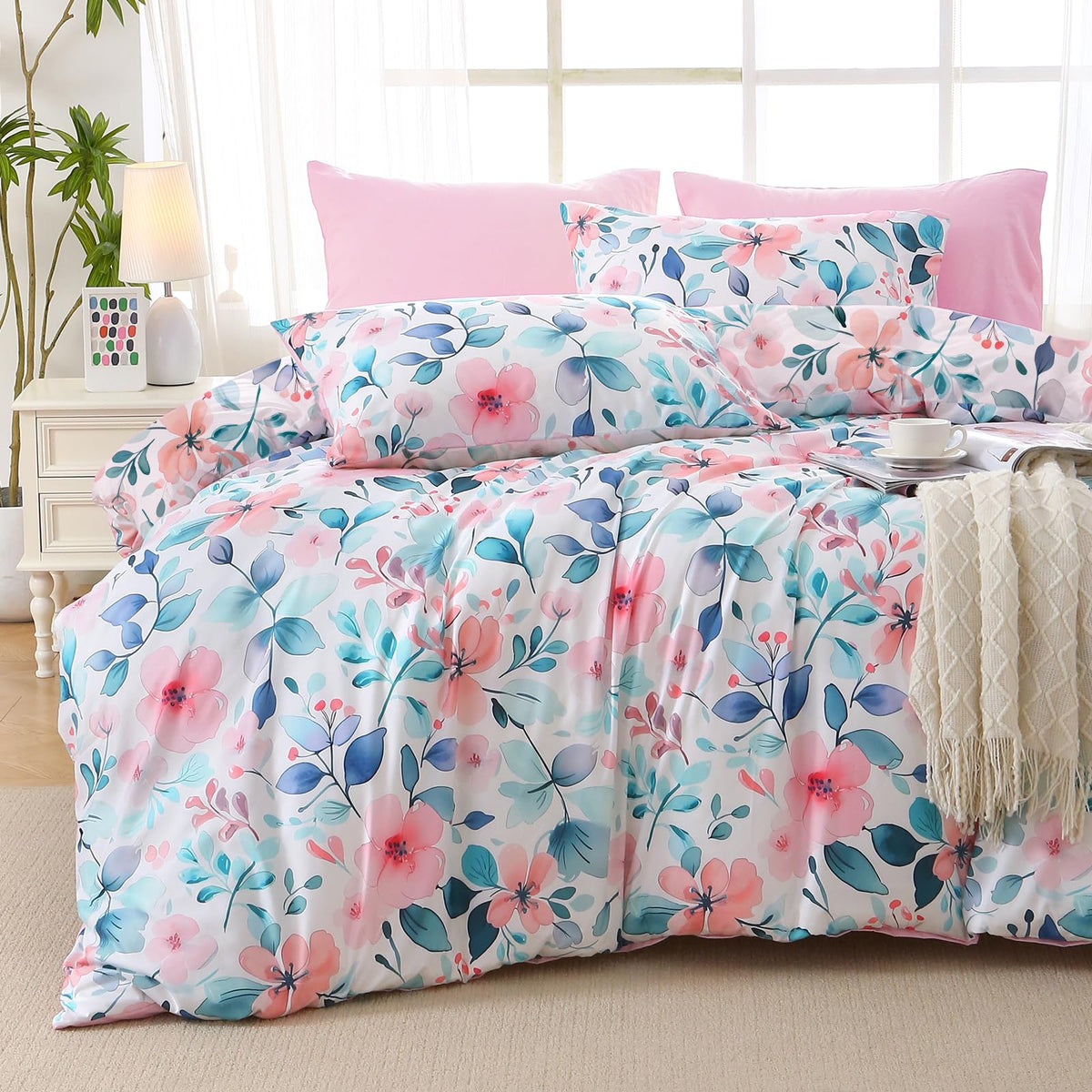 MUXHOMO Queen Comforter Set 7 Pieces, Sage Green Bed in a Bag Queen Reversible Botanical Flowers Design, Ultra Soft & Breathable Bedding Sets with Comforter, Sheets, Pillowcases & Shams