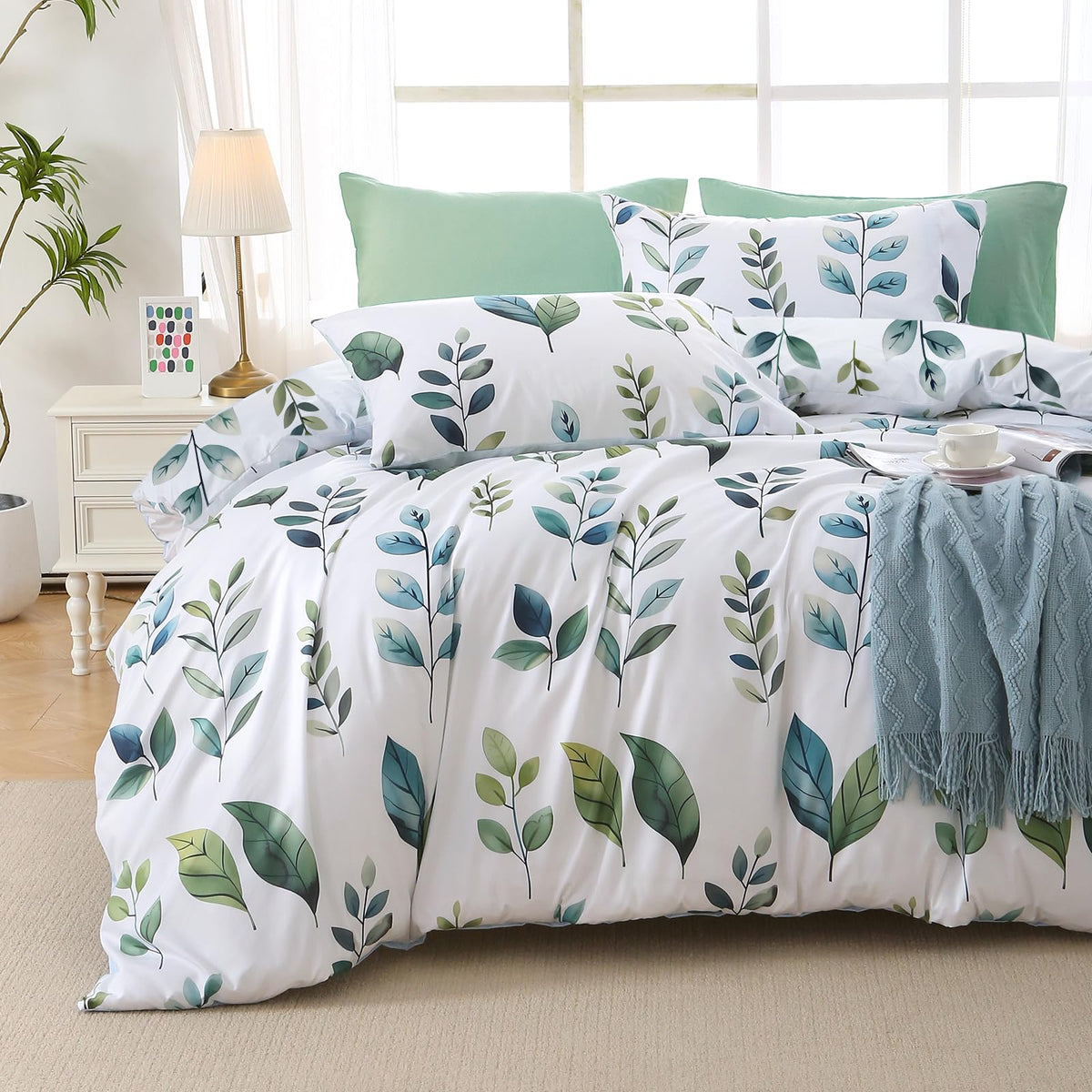 MUXHOMO Queen Comforter Set 7 Pieces, Sage Green Bed in a Bag Queen Reversible Botanical Flowers Design, Ultra Soft & Breathable Bedding Sets with Comforter, Sheets, Pillowcases & Shams