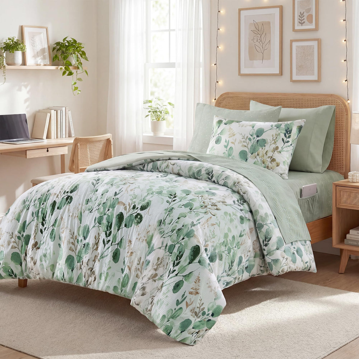 Lightweight Seersucker Botanical Comforter Set Queen Size, 9 Pieces Reversible Design Bed in A Bag Set, Premium Microfiber Bedding Set, Brown