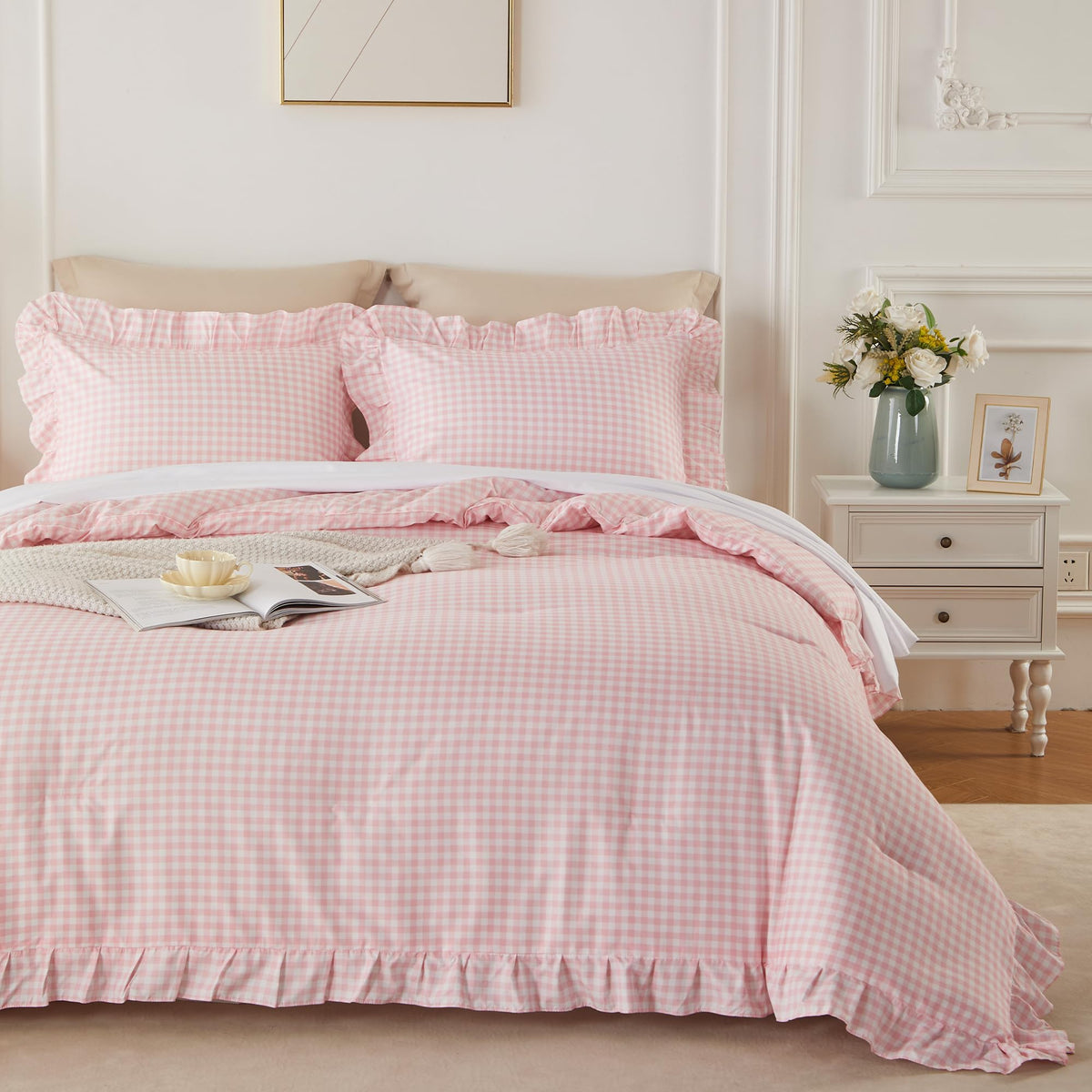 Cupocupa Blush Pink Comforter Set Queen, 3Pcs Comforters Queen Size Ruffle Farmhouse Bedding Sets Queen with Comforter, Lightweight Soft Shabby Chic Bedding Comforter Set Fluffy for All Season