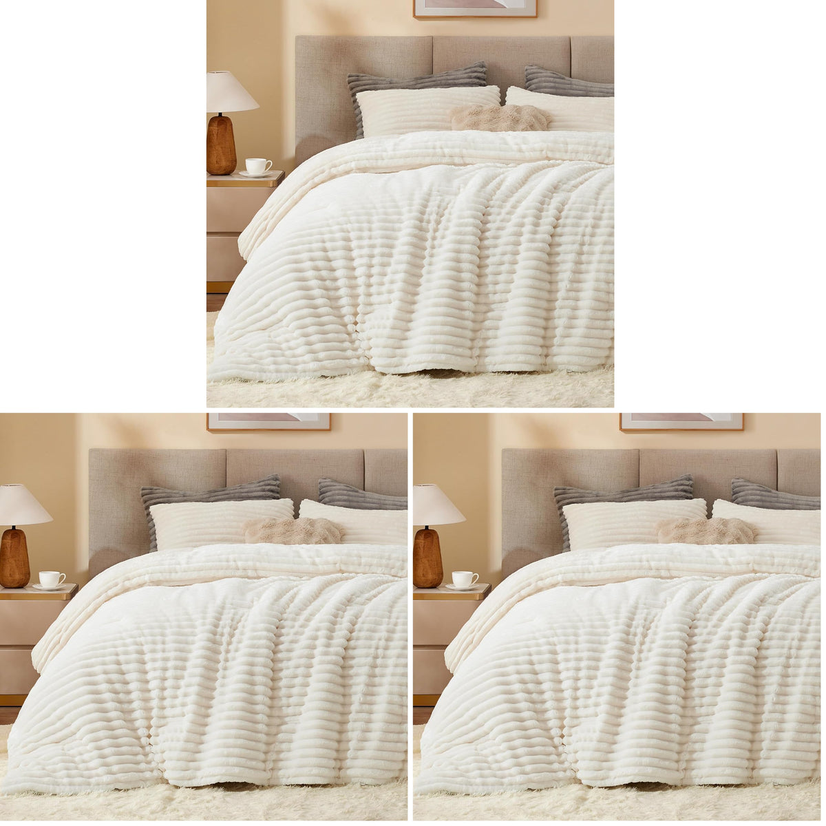 BEDELITE Fleece Queen Comforter Set, Fluffy Bed Set, Cream White