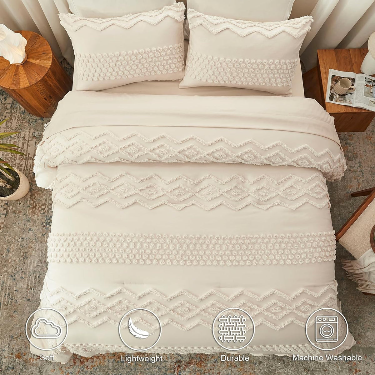 Luxudecor Beige Tufted Comforter Set, 3 Pieces Queen Size Boho Bedding Set