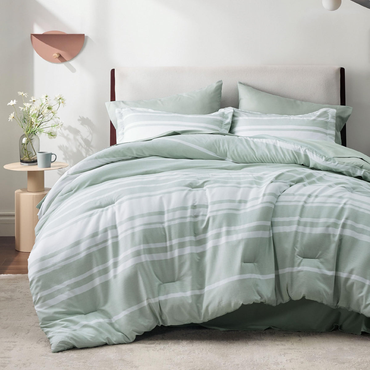 Bedsure Queen Comforter Set, Blue Striped Bedding Set, 7 Piece