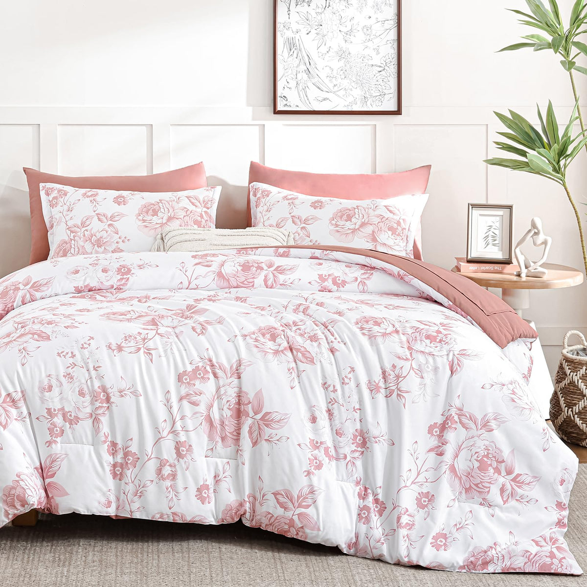 Luxudecor Sage Green Floral Queen Comforter Set, 7 Pieces Bed in a Bag