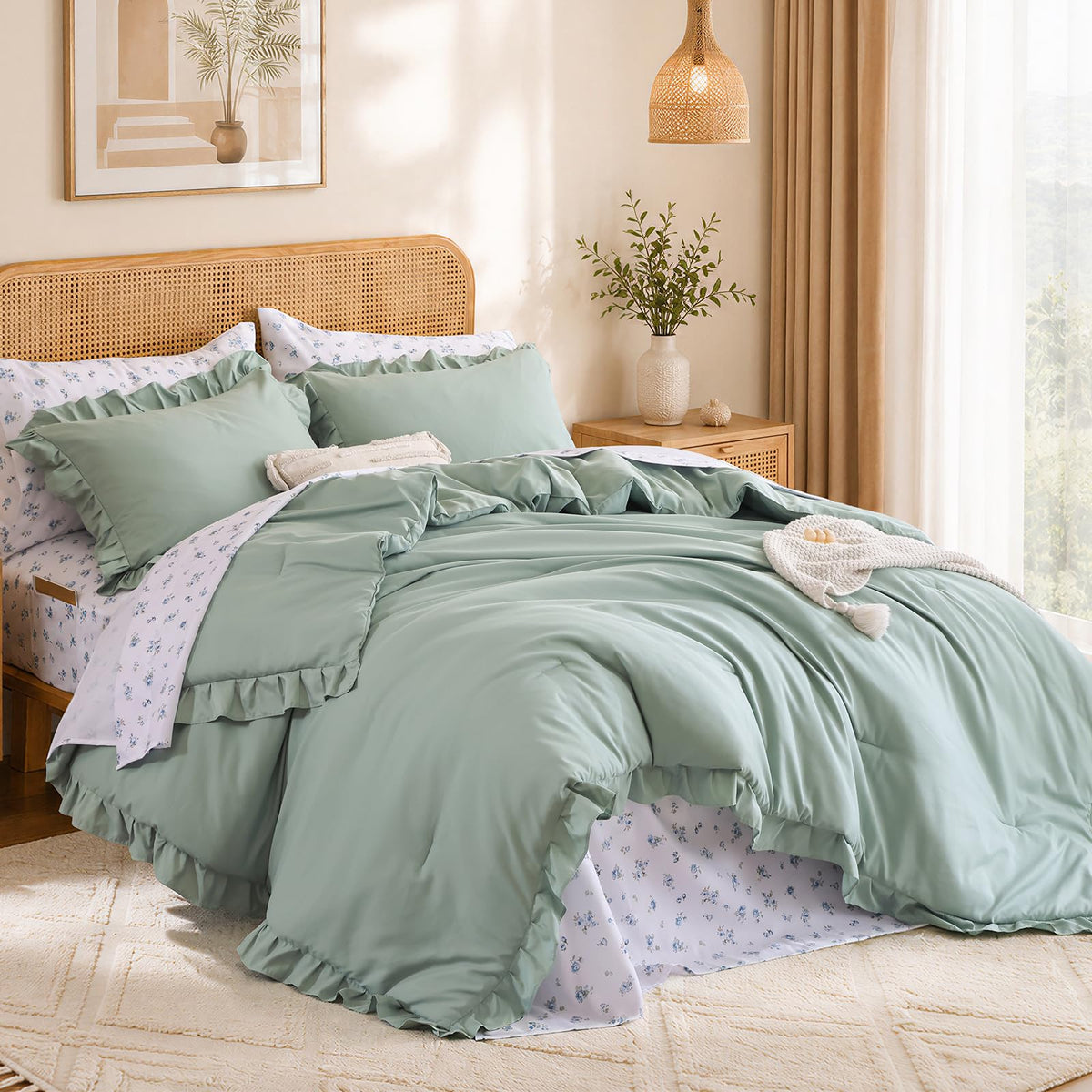 JANZAA Ruffle Queen Comforter Set with Floral Sheets 7 Pieces Cream White