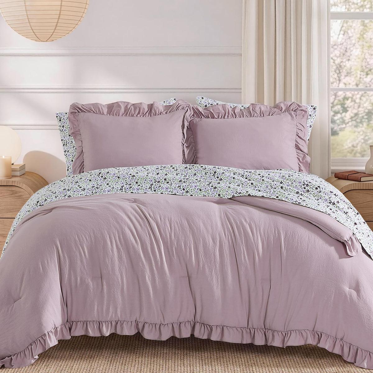 BLOOMHAVEN Queen Comforter Set-7 Pieces Ruffle Bedding with Floral Sheet