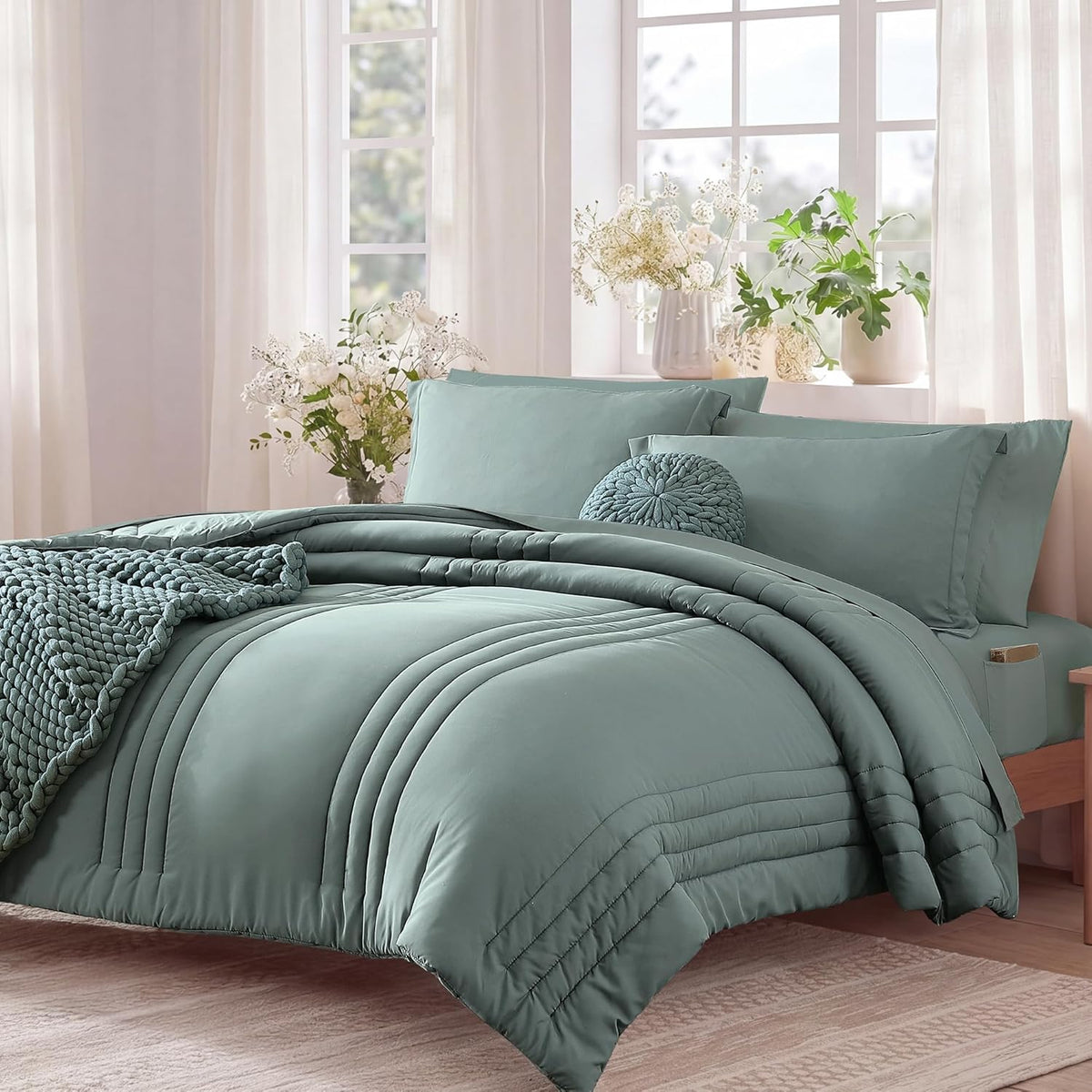 Full Size Comforter Sets-7 Pieces Sage Soft Bed in a Bag Full Bedding Sets