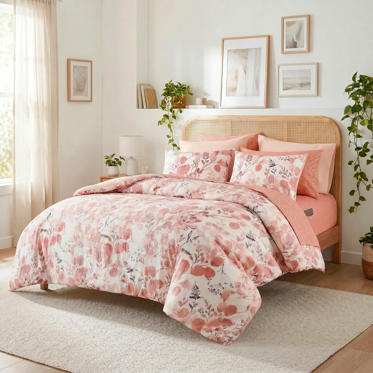 Lightweight Seersucker Botanical Comforter Set Queen Size, 9 Pieces Reversible Design Bed in A Bag Set, Premium Microfiber Bedding Set, Brown