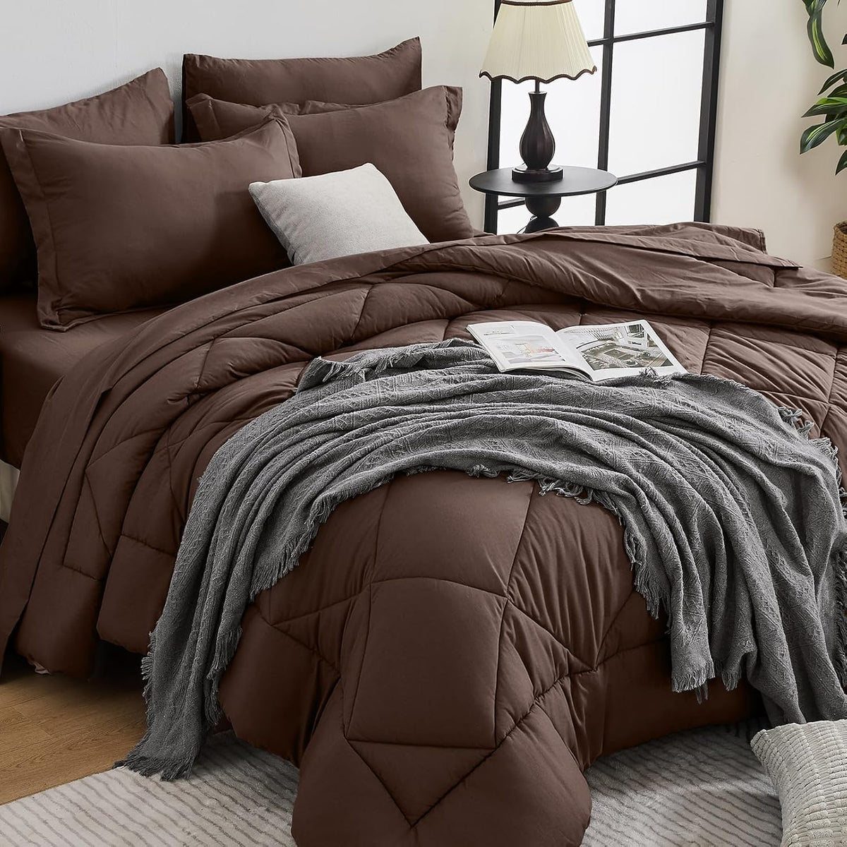 HEVUMYI 7-Piece Queen Comforter Set, Dark Grey Bed in a Bag