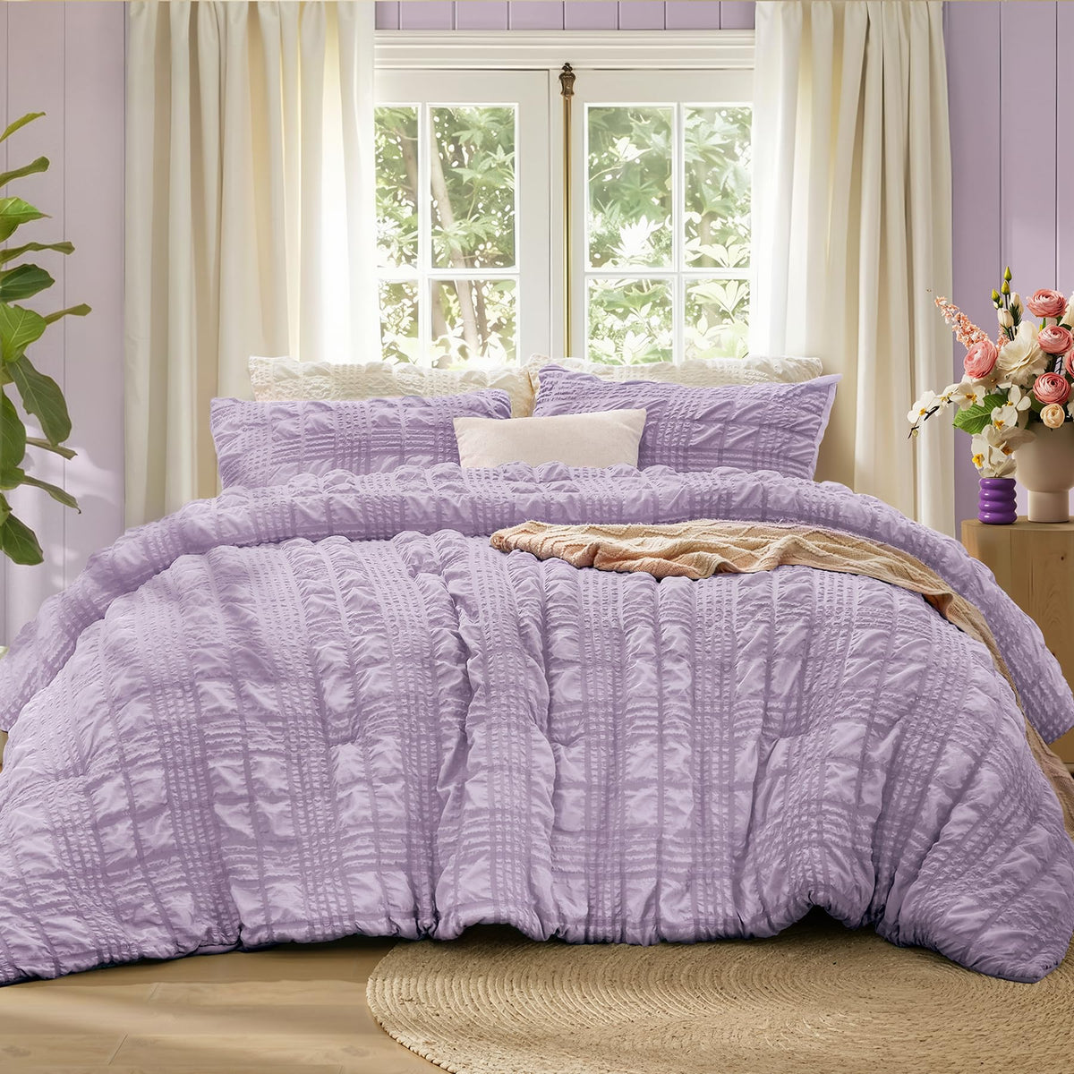 BEDELITE Queen Comforter Set, Seersucker Bedding Set 3 Pieces, Cream