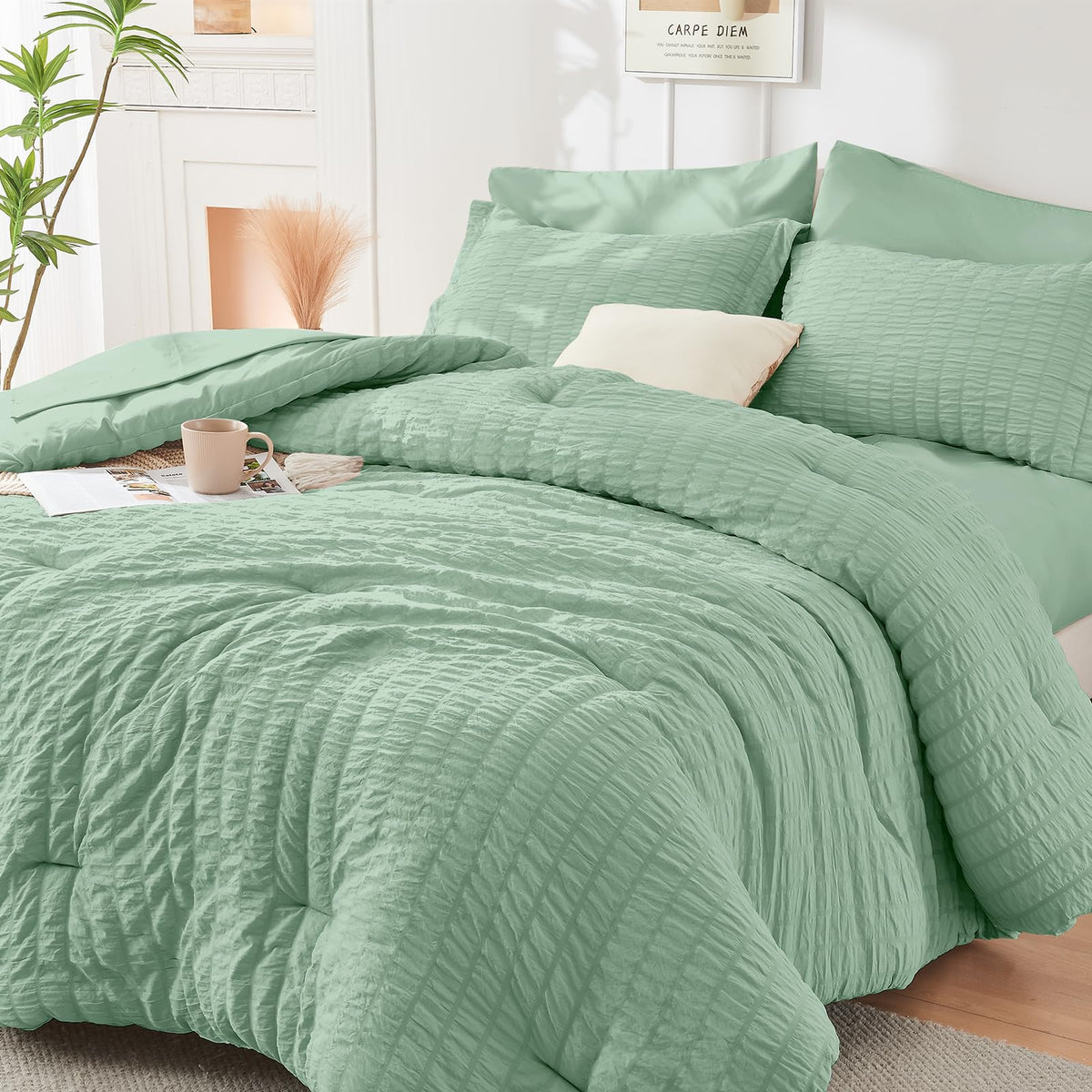 HYMOKEGE Queen Comforter Set Seersucker 7 Pieces, All Season Luxury Bed in a Bag for Bedroom, Bedding Set with Comforters, Sheets, Pillowcases & Shams, Dark Grey