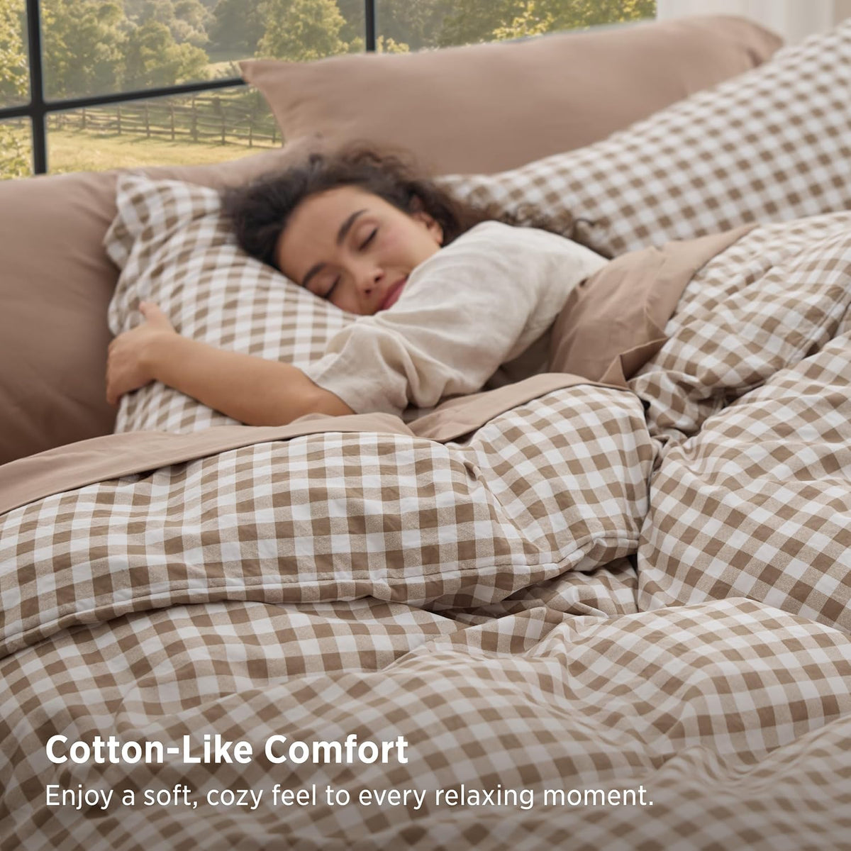 Bedsure Brown Gingham Comforter Set Queen Size, Soft Fall Bedding 3 pcs