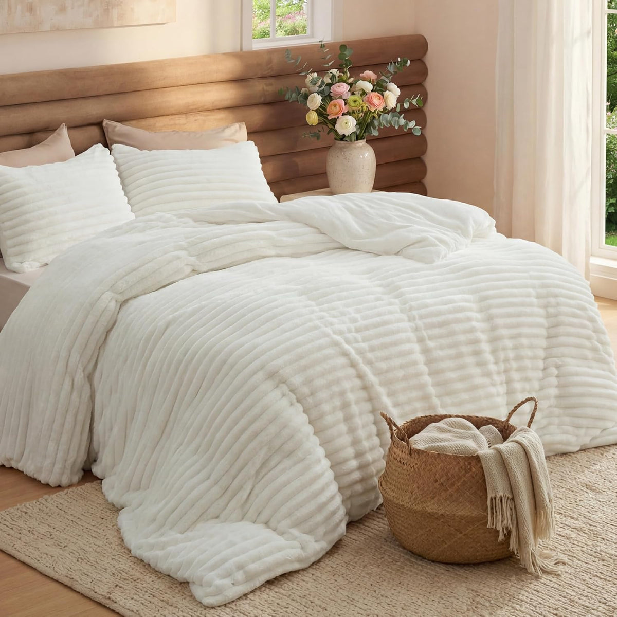 Bedsure Large Queen Fluffy Comforter Set, Cozy Fleece Cream White Bedding