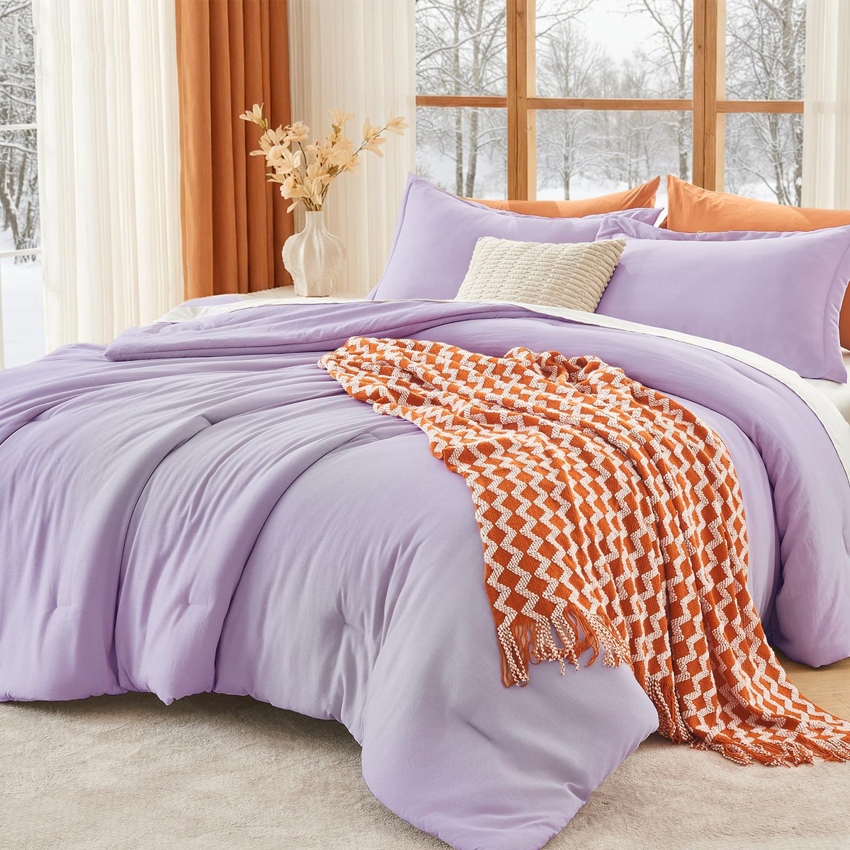 MUXHOMO Queen Size Comforter Set Beige, 3 Piece Solid Bedding for All Seasons, Warm Down Alternative Bed Set Includes 1 Lightweight Comforter (90"x90") and 2 Pillowshams (20"x26")