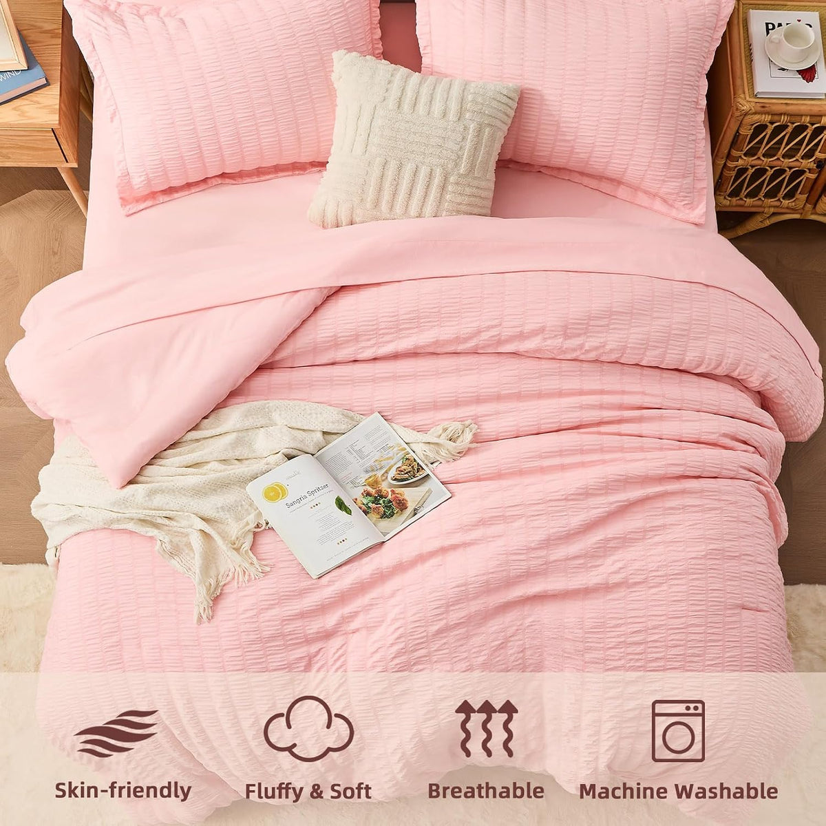 FUANNA Queen Comforter Set 7 Pieces, Pink Bed Set, Seersucker Bed in a Bag